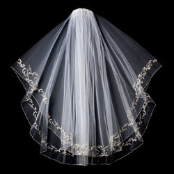 Bridal Wedding Double Layer Fingertip Length Floral Embroidery & Pencil Edge Veil