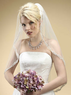 Rhinestone Edge Mantilla Wedding Veil with Floral Appliquè - White or Ivory