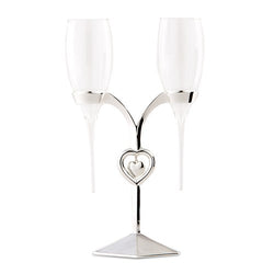 Personalized Wedding Glass Flutes With Silver Heart Stand