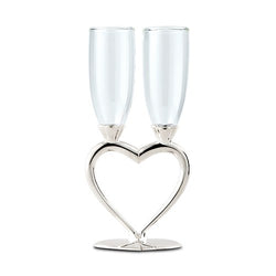 Unique Silver Plated Interlocking Heart Stems Wedding Champagne Flutes