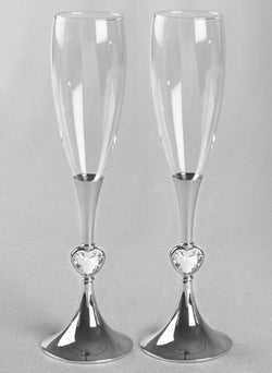 Silver Stem w/Crystal Hearts Toasting Flutes