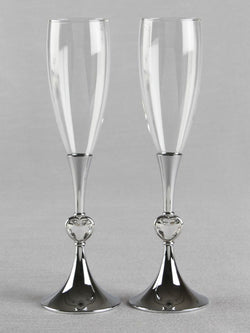 Silver Stem w/Crystal Hearts Toasting Flutes