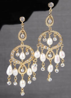 Rhinestone & Pearl Chandelier Earrings - Available in Gold and Silver