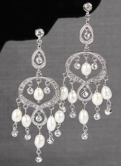 Rhinestone & Pearl Chandelier Earrings - Available in Gold and Silver