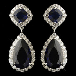 Rhodium Sapphire & Clear CZ Teardrop Crystal Dangle Earrings