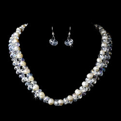Silver Aurora Borealis w/ Ivory Fresh Water Pearl Necklace Earring Set