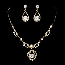 Round Rhinestone Necklace & Earrings Bridal Jewelry Set - Available Gold & silver