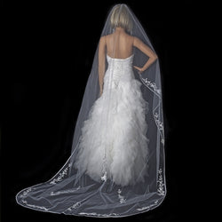 Single Layer Floral Embroidery Cathedral Length White Veil with Satin Ribbon Edge