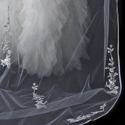 Single Layer Floral Embroidery Cathedral Length White Veil with Satin Ribbon Edge