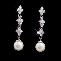 Beautiful Silver Clear CZ Earrings w/ Pearl Drop