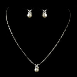 Antique Silver Diamond White Pearl & Marquise CZ Drop Bridal Necklace & Earrings Bridal Jewelry Set