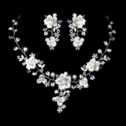 Beautiful Silver Crystal, Porcelain & Pearl Bridal Jewelry Set - Silver White Pearl or Gold Ivory Pearl with Champagne Accent