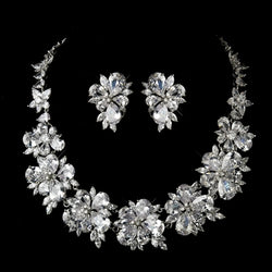 Silver Clear CZ Crystal Tear Drop & Marquise Crystal Necklace & Earrings Bridal Jewelry Set