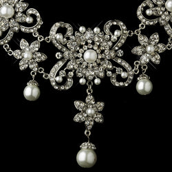 Antique Silver White Pearl Flower Necklace & Earrings Bridal Jewelry Set