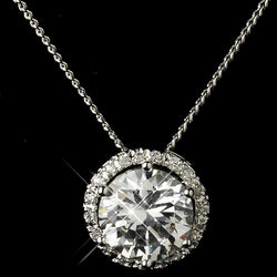 Antique Silver Clear Round CZ Crystal Necklace & Earrings Bridal Jewelry Set