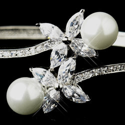 Silver White Pearl & Marquise CZ Crystal Bridal Bangle Bracelet