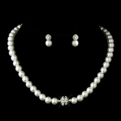 Silver White Glass Pearl Pave Ball Necklace & Earrings Bridal Jewelry Set