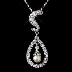 Silver Clear CZ Crystal & Diamond White Pearl Kate Middleton Wedding Necklace