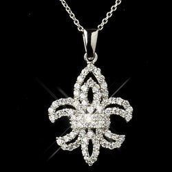 Silver Clear CZ Crystal Fleur De Lis Bridal Necklace