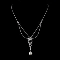 Antique Silver Ivory Pearl Drop & Clear Crystal Necklace