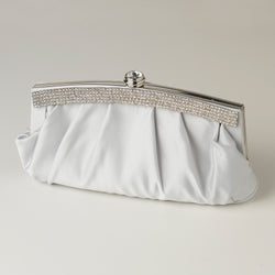 Satin Evening Bag with Crystal Trim Accent & Closure, Silver Shoulder Strap - Available in a variety of colors