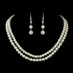 Silver Diamond White Pearl Necklace & Earrings Bridal Jewelry Set