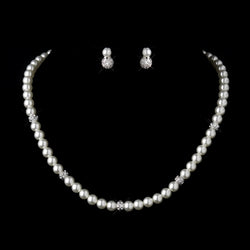 Silver Ivory Pearl & Clear Rhinestone Pave Ball Necklace and Bridal Set