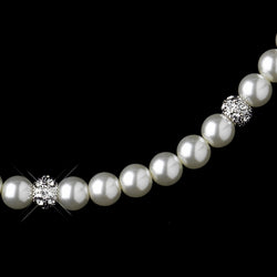 Silver Ivory Pearl & Clear Rhinestone Pave Ball Necklace and Bridal Set