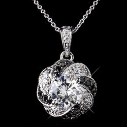 Silver Clear and Black CZ Pendant Necklace & Earrings Bridal Jewelry Set