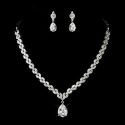 Antique Silver Clear CZ Tear Drop Stone Necklace & Earrings Bridal Jewelry Set