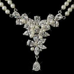 Silver Ivory Pearl & Floral CZ Necklace & Earrings Bridal Jewelry Set