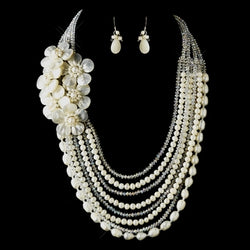 Silver Ivory Pearl & Austrian Crystal Flower Necklace & Earrings Bridal Jewelry Set