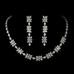 Antique Silver Clear CZ Stone Necklace & Earrings Bridal Jewelry Set