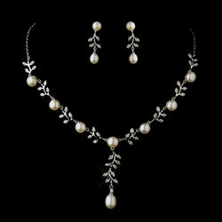 Antique Silver Diamond White Pearl Necklace & Earrings Bridal Jewelry Set