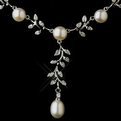 Antique Silver Diamond White Pearl Necklace & Earrings Bridal Jewelry Set