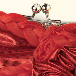 Red Braided Ruffle Floral Rhinestone Evening Bag with Silver Frame & Shoulder Strap